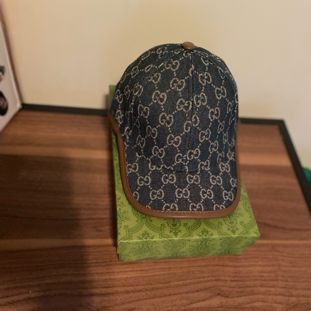 Gucci Denim Monogram Cap with Brown Trim